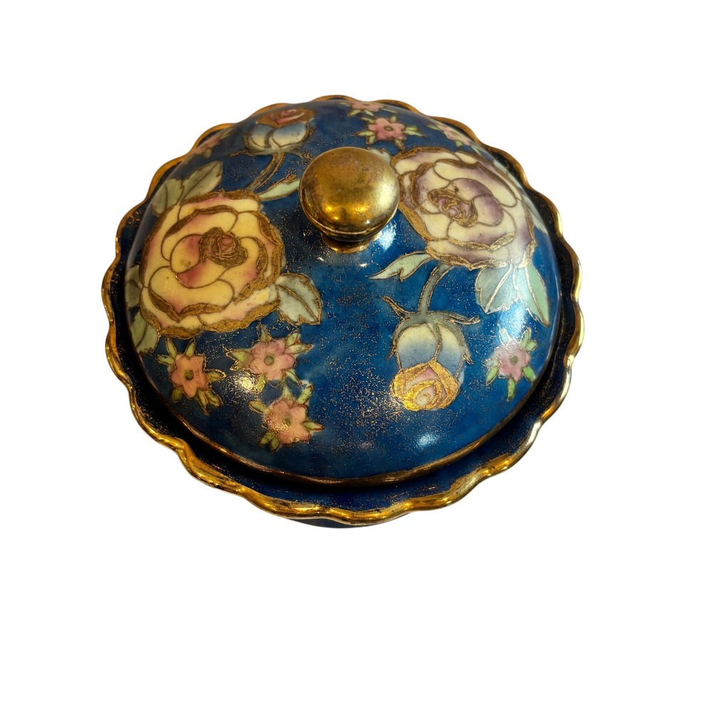 Antique Nippon Hand Painted Blue Moriage Floral Covered Powder Jar - Picture 4 of 7